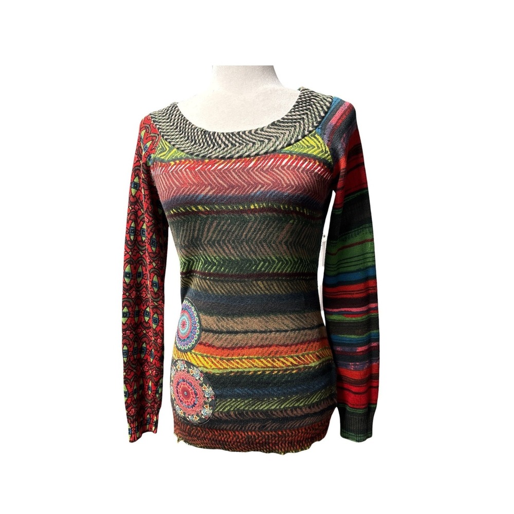 Desigual Womens Cotton Knit Mandala Sequin Mixed Pattern Sweater Green Multi‎ M